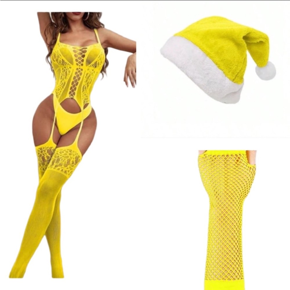 Yellow Lace Sexy Santa Bodysuit with Santa Hat